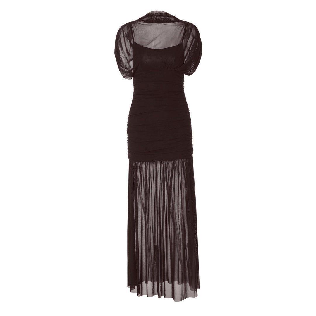 Mesh ruched short sleeve solid maxi dress