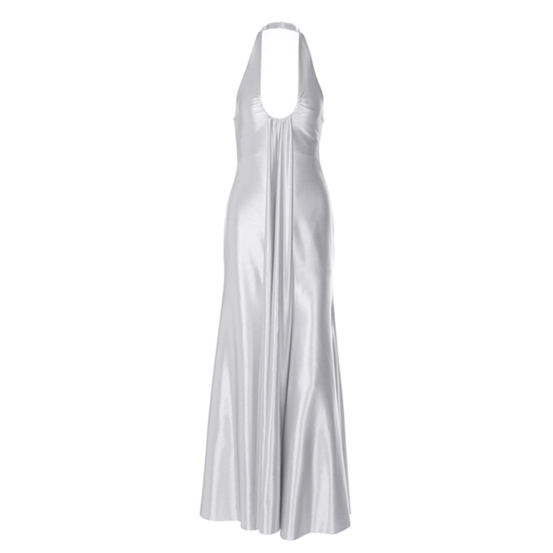 U neck satin halter zip-up backless maxi dress