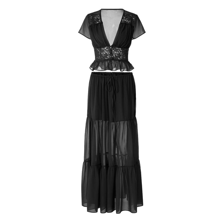 Short sleeve v neck ruched lace chiffon maxi skirt set  | Festival Outfits Women