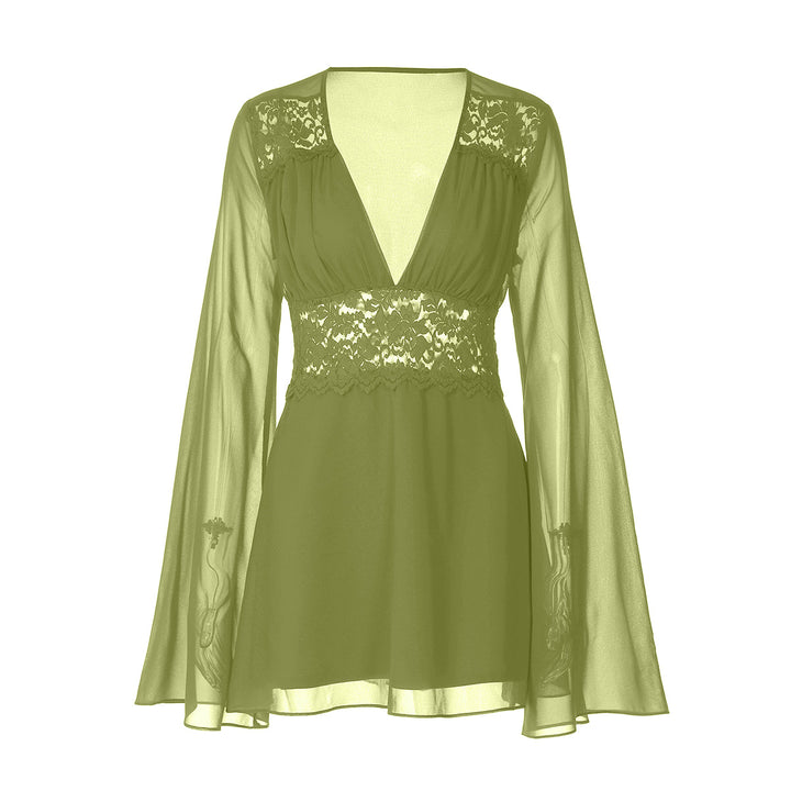 Long flared sleeve v neck chiffon zip-up mini dress