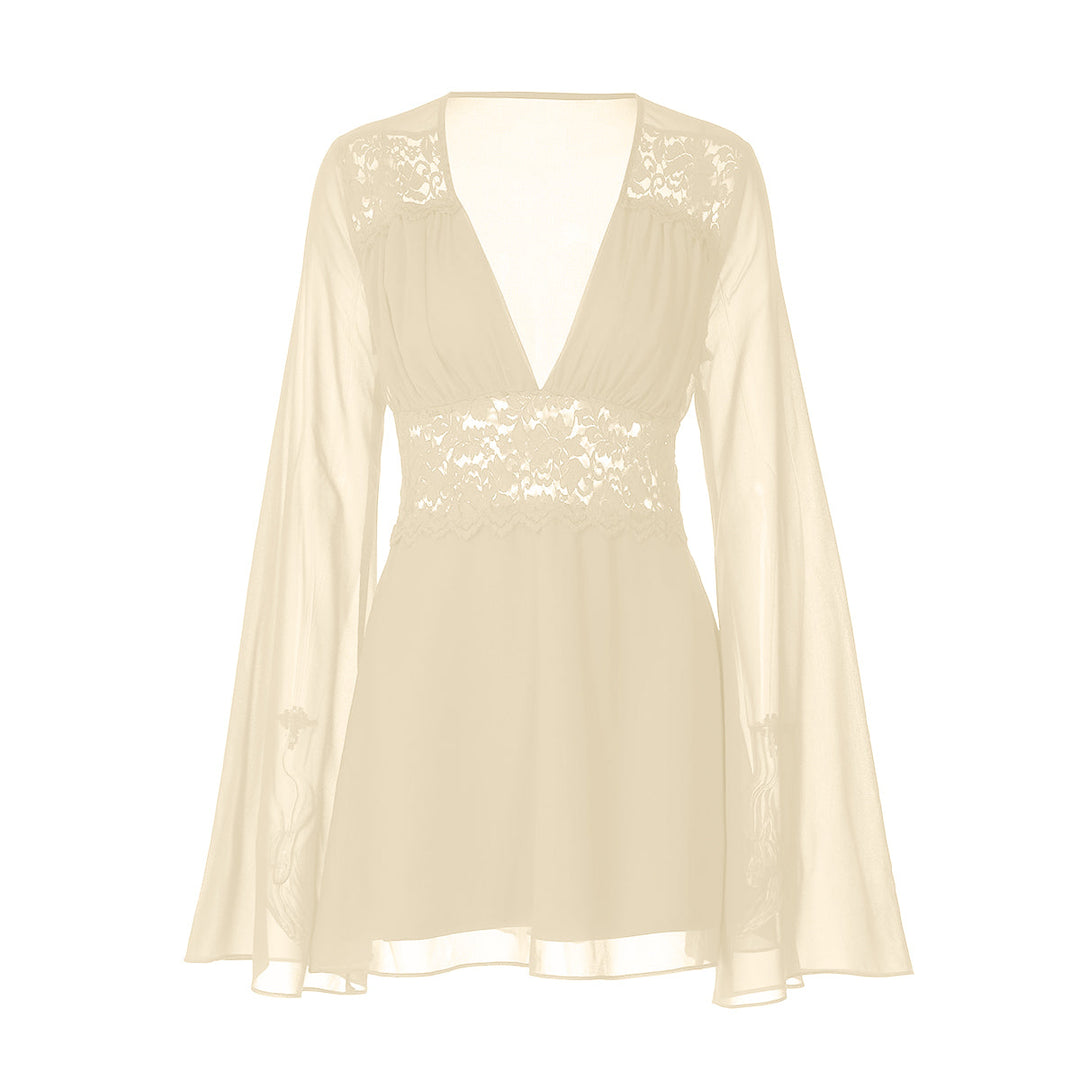 Long flared sleeve v neck chiffon zip-up mini dress