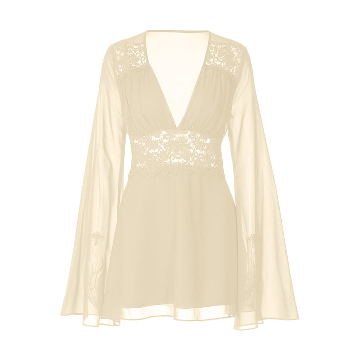 Long flared sleeve v neck chiffon zip-up mini dress