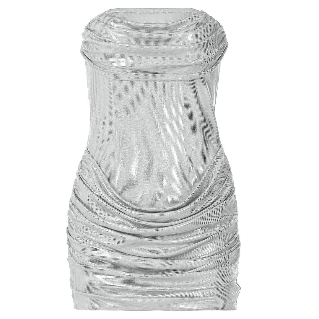 Ruched polka dot backless tube mini dress