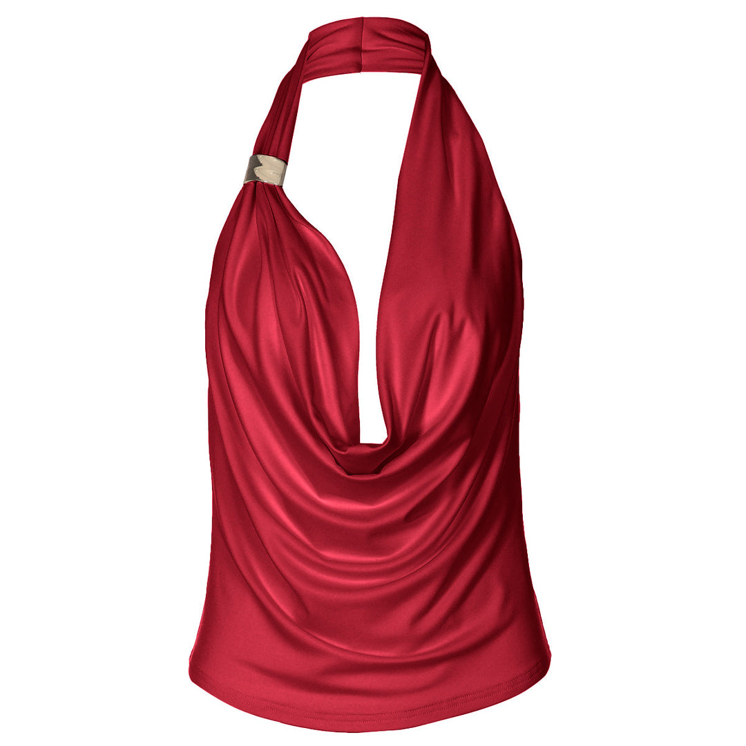 Cowl neck halter irregular solid backless top  | Festival Outfits Women