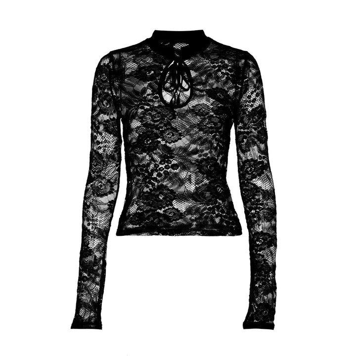 Long sleeve lace hollow out self tie see through top