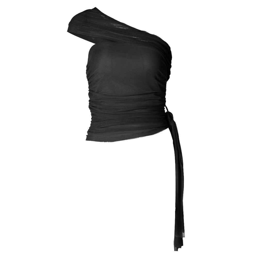 Ruched one shoulder irregular mesh solid top