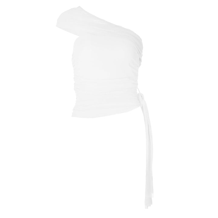 Ruched one shoulder irregular mesh solid top