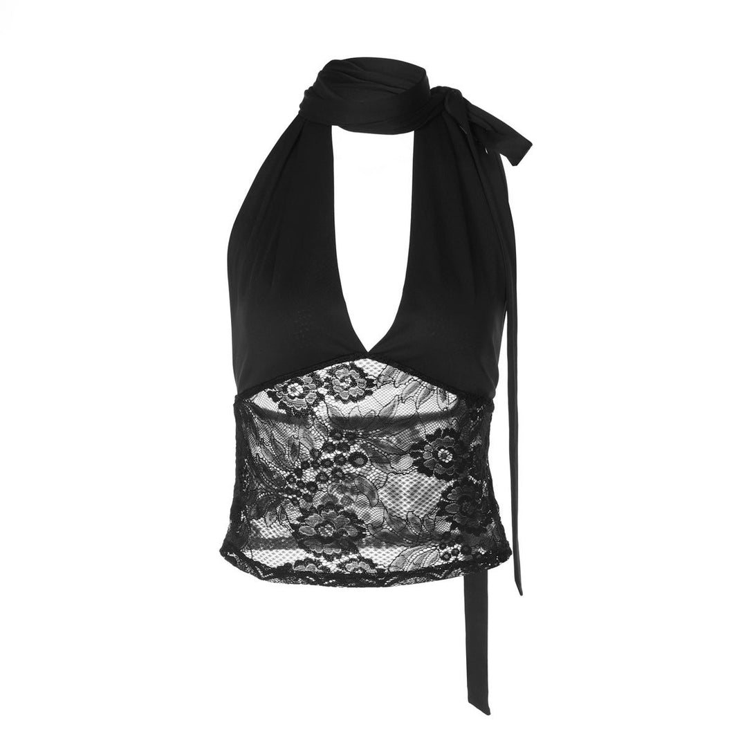 Halter v neck lace self tie backless top
