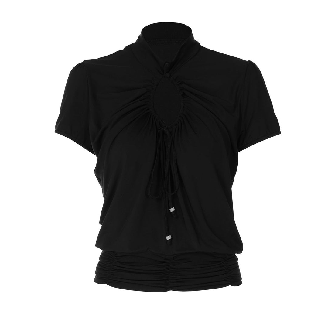 Hollow out ruched short sleeve self tie top