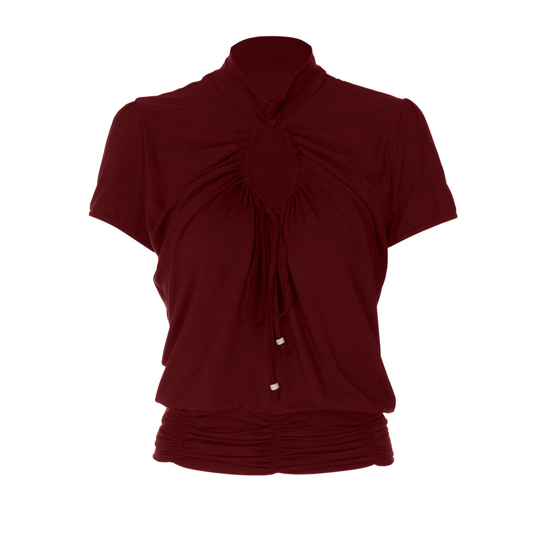 Hollow out ruched short sleeve self tie top