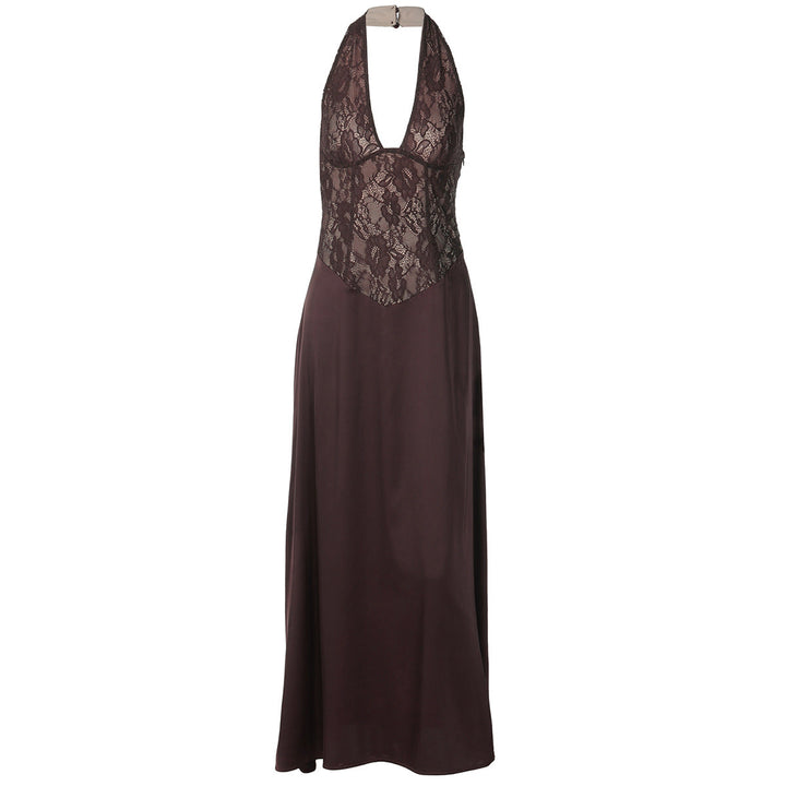 Halter v neck lace backless maxi dress