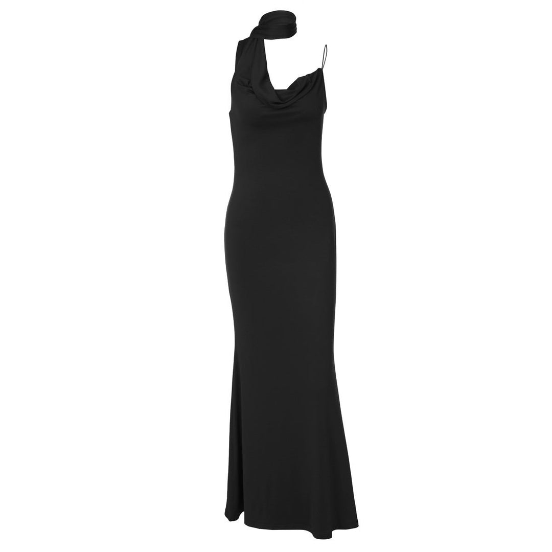 Irregular cowl neck backless spaghetti strap maxi dress