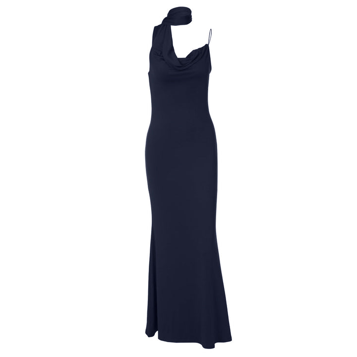 Irregular cowl neck backless spaghetti strap maxi dress