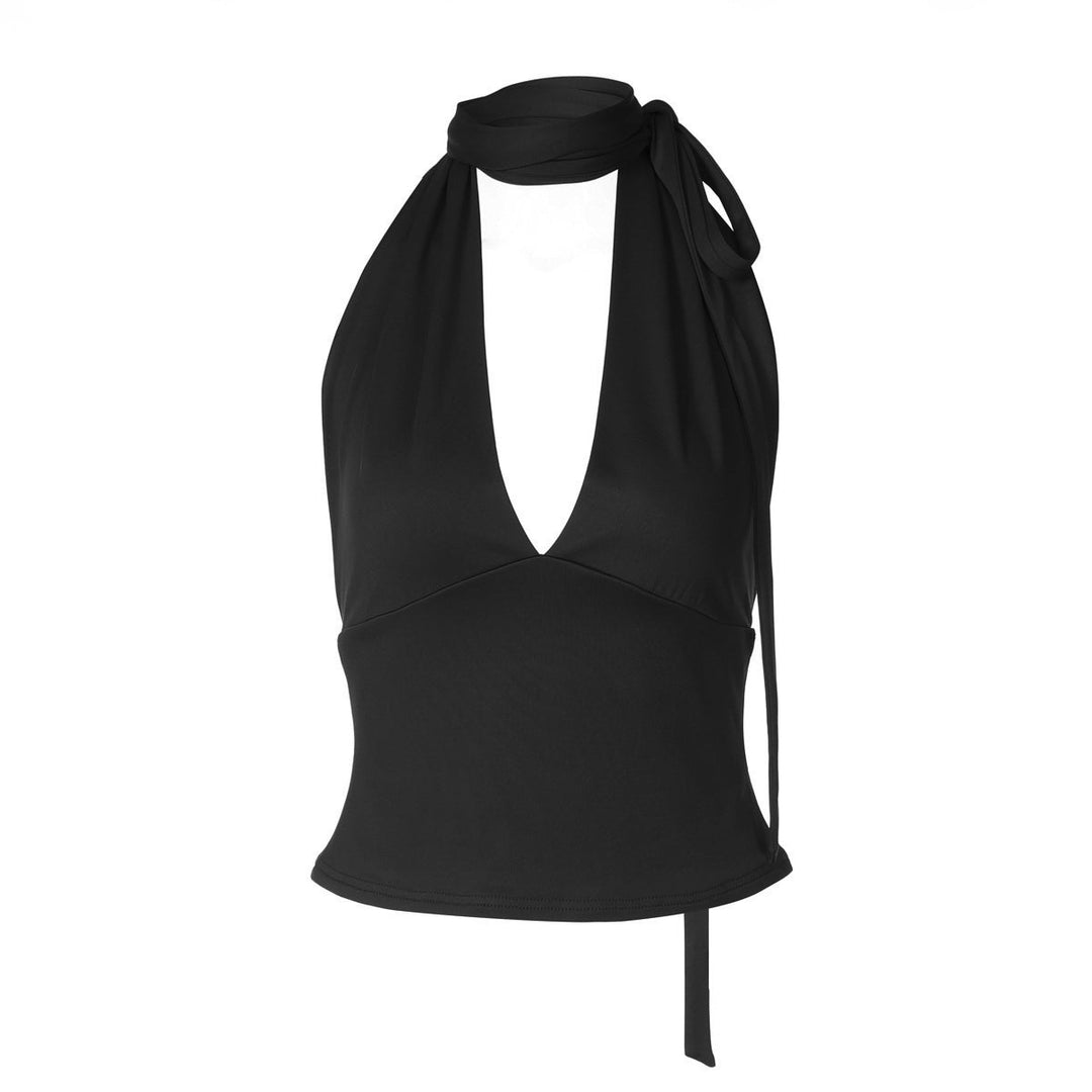 Halter self tie v neck backless solid top