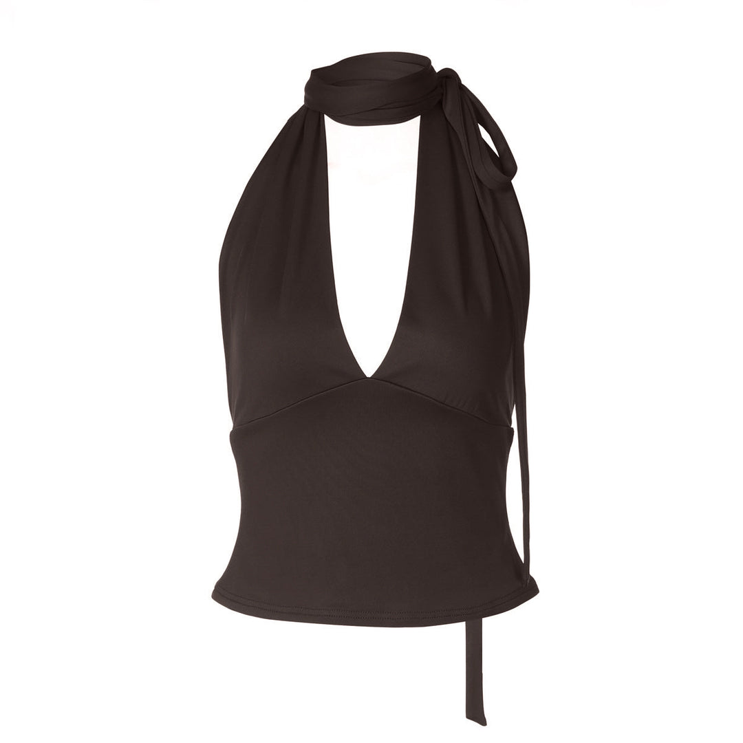 Halter self tie v neck backless solid top
