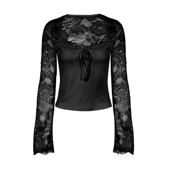 Long sleeve lace self tie solid patchwork top