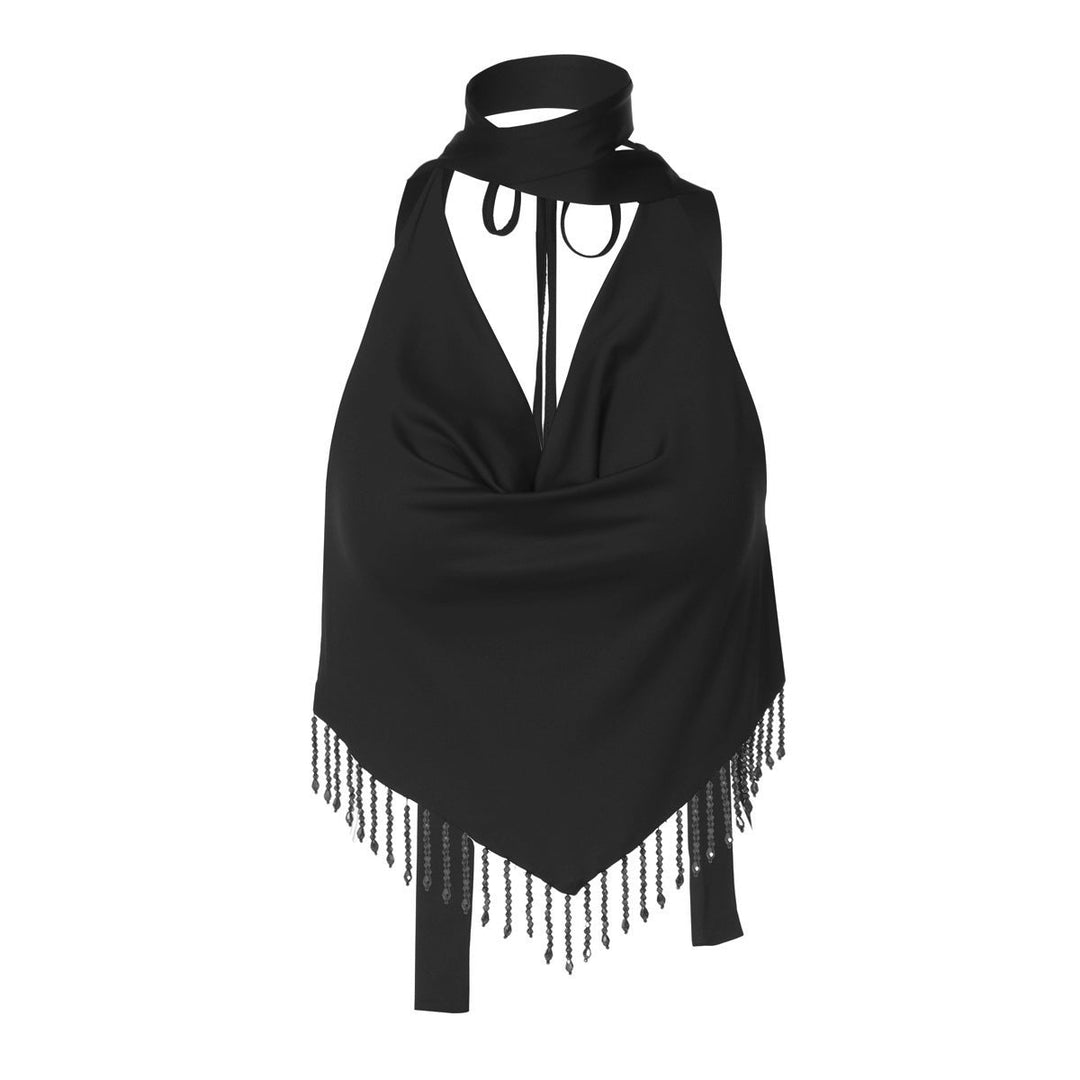 Halter self tie cowl neck tassels backless top