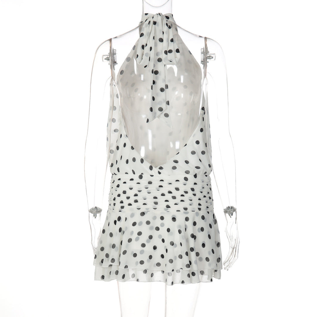 Polka dot halter self tie pleated backless mini dress
