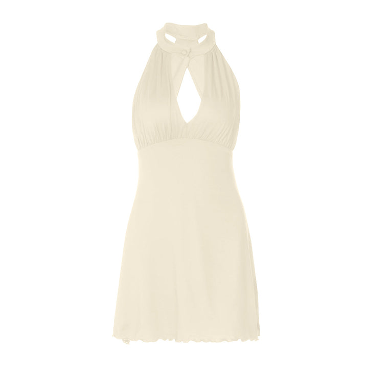 Hollow out ruffle button solid backless mini dress