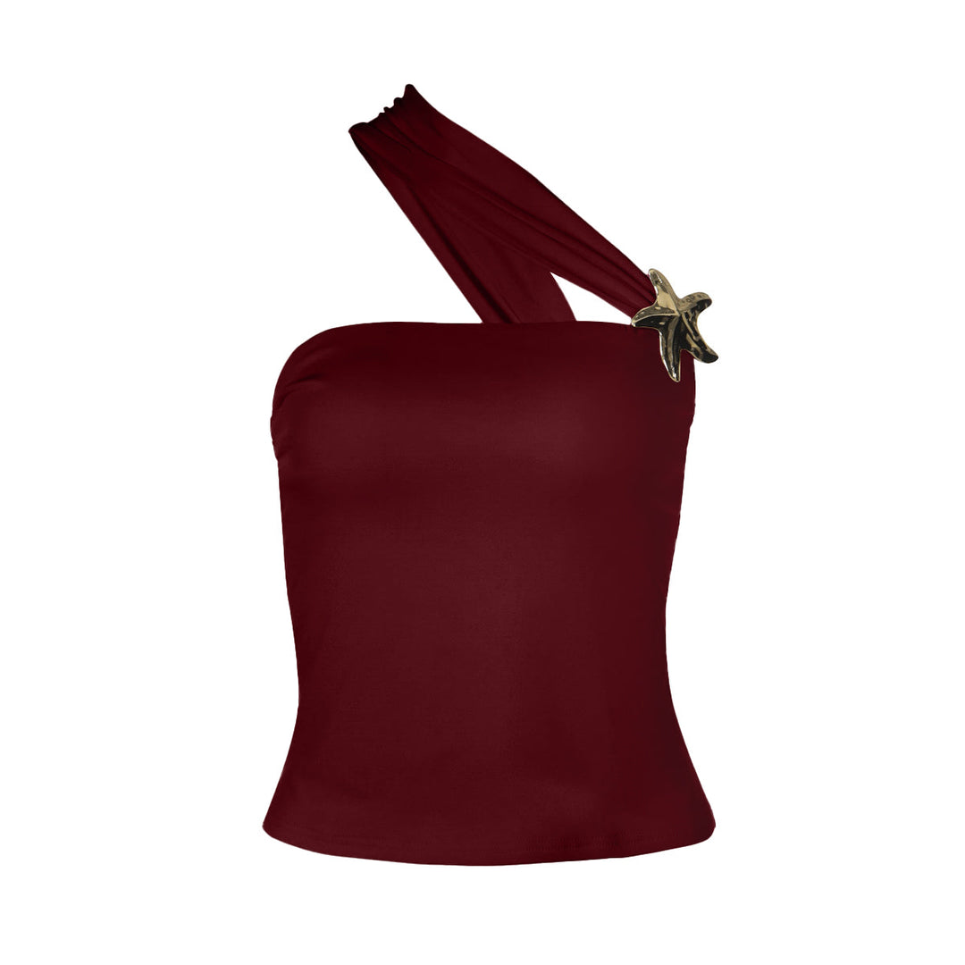 One shoulder irregular five-pointed star applique top