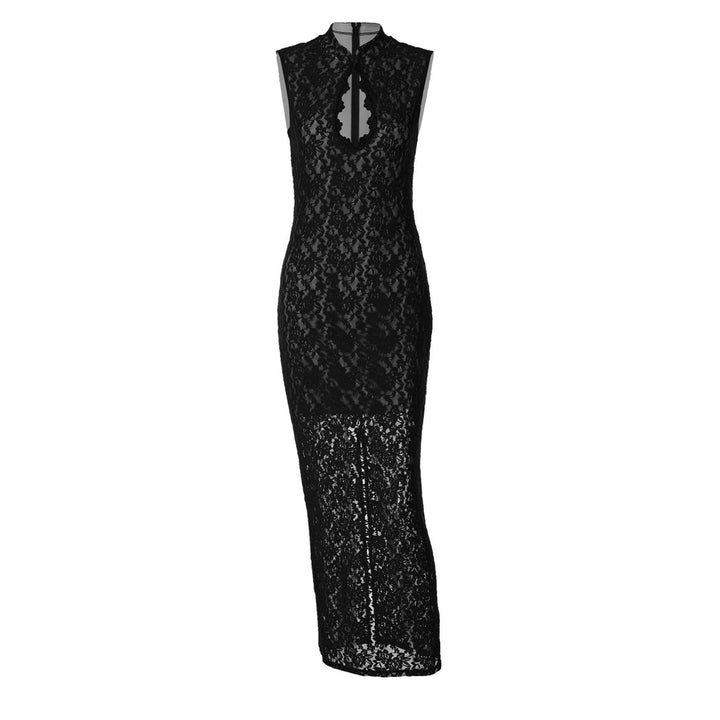 Lace hollow out slit sleeveless zip-up maxi dress