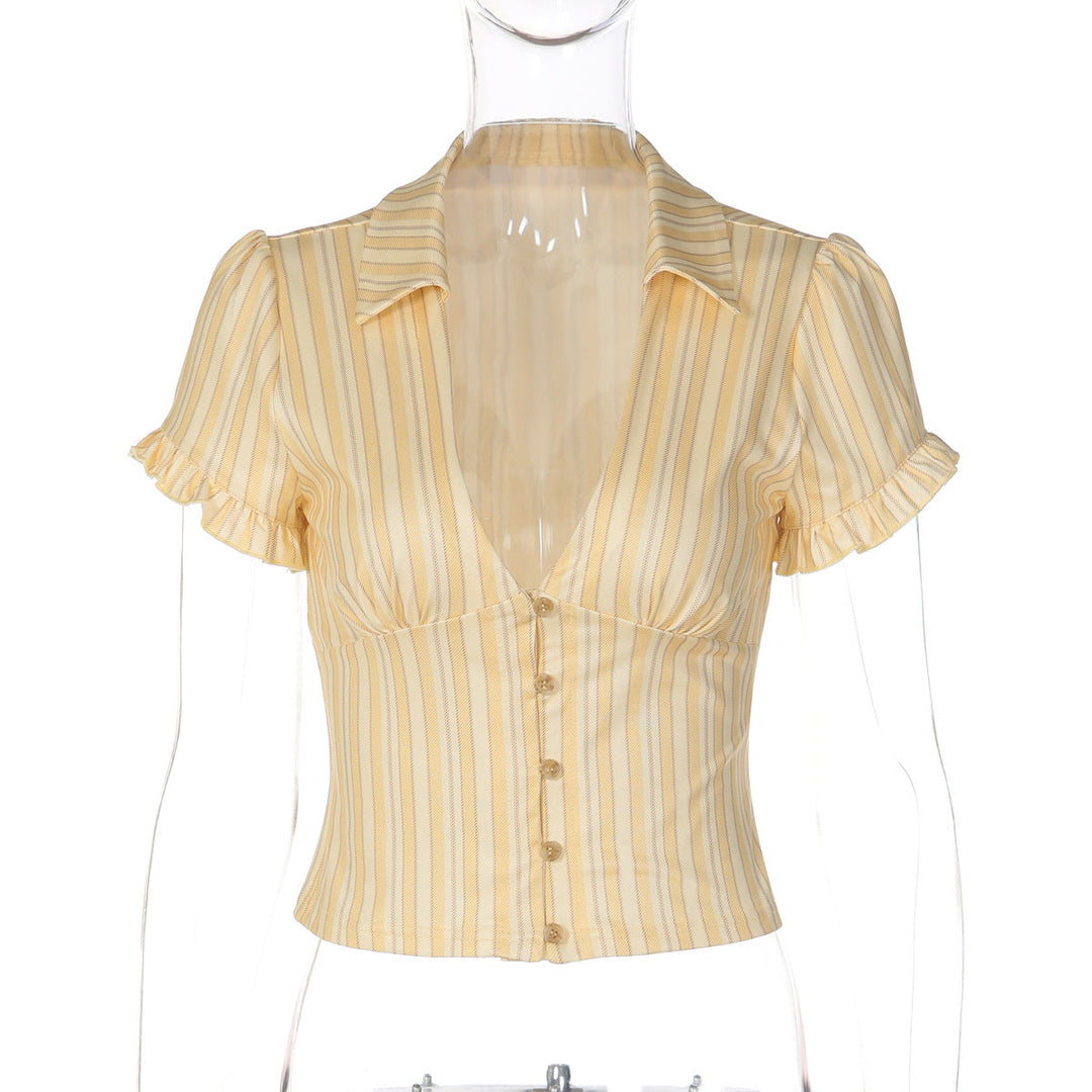 Short sleeve v neck striped button top