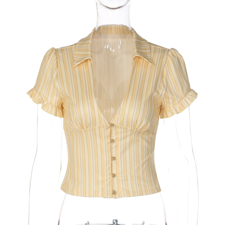 Short sleeve v neck striped button top