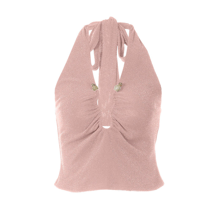 Ruched halter self tie v neck backless top