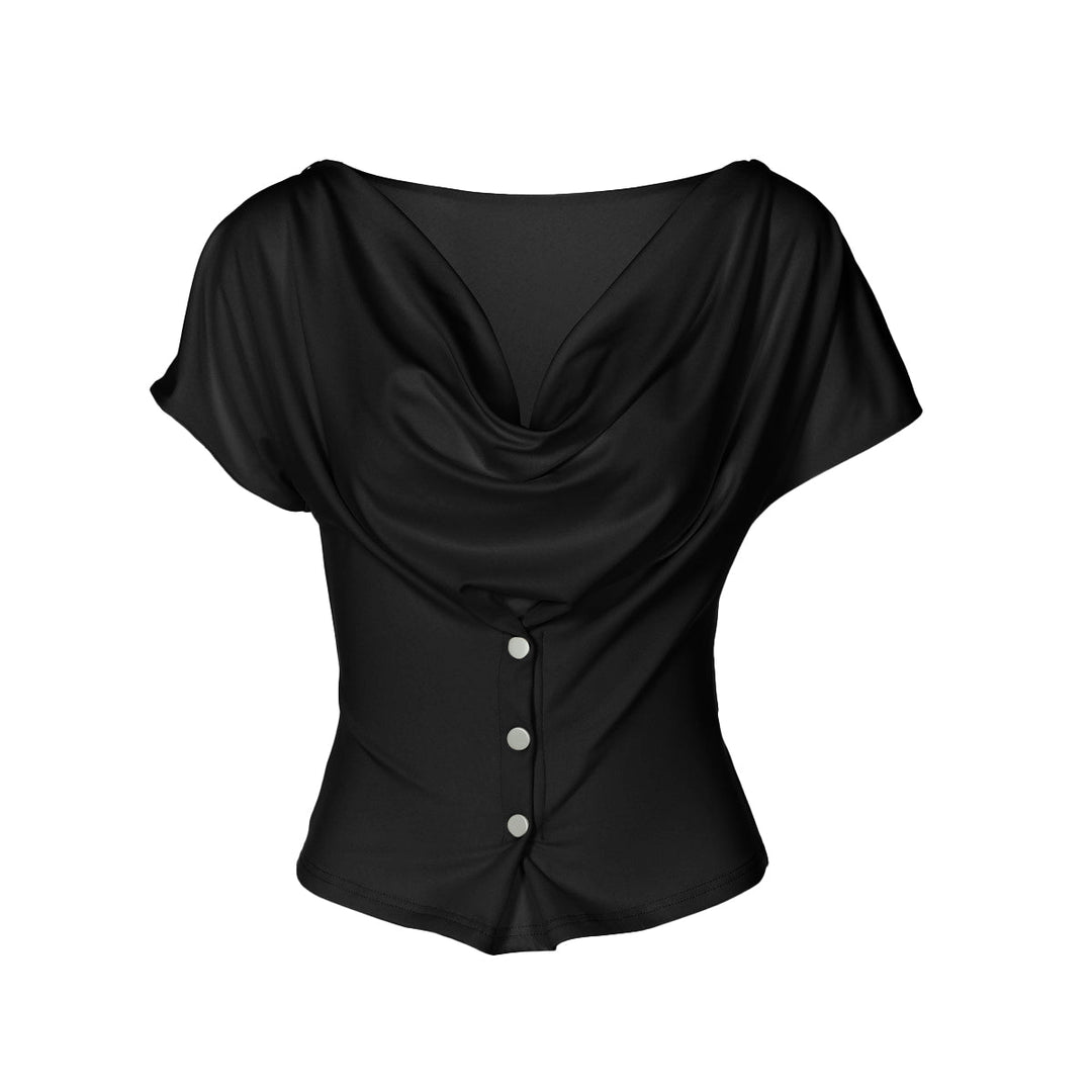 Cowl neck short sleeve button solid top