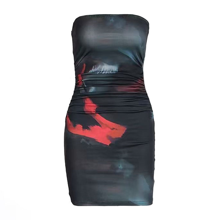 Ruched print contrast backless tube mini dress