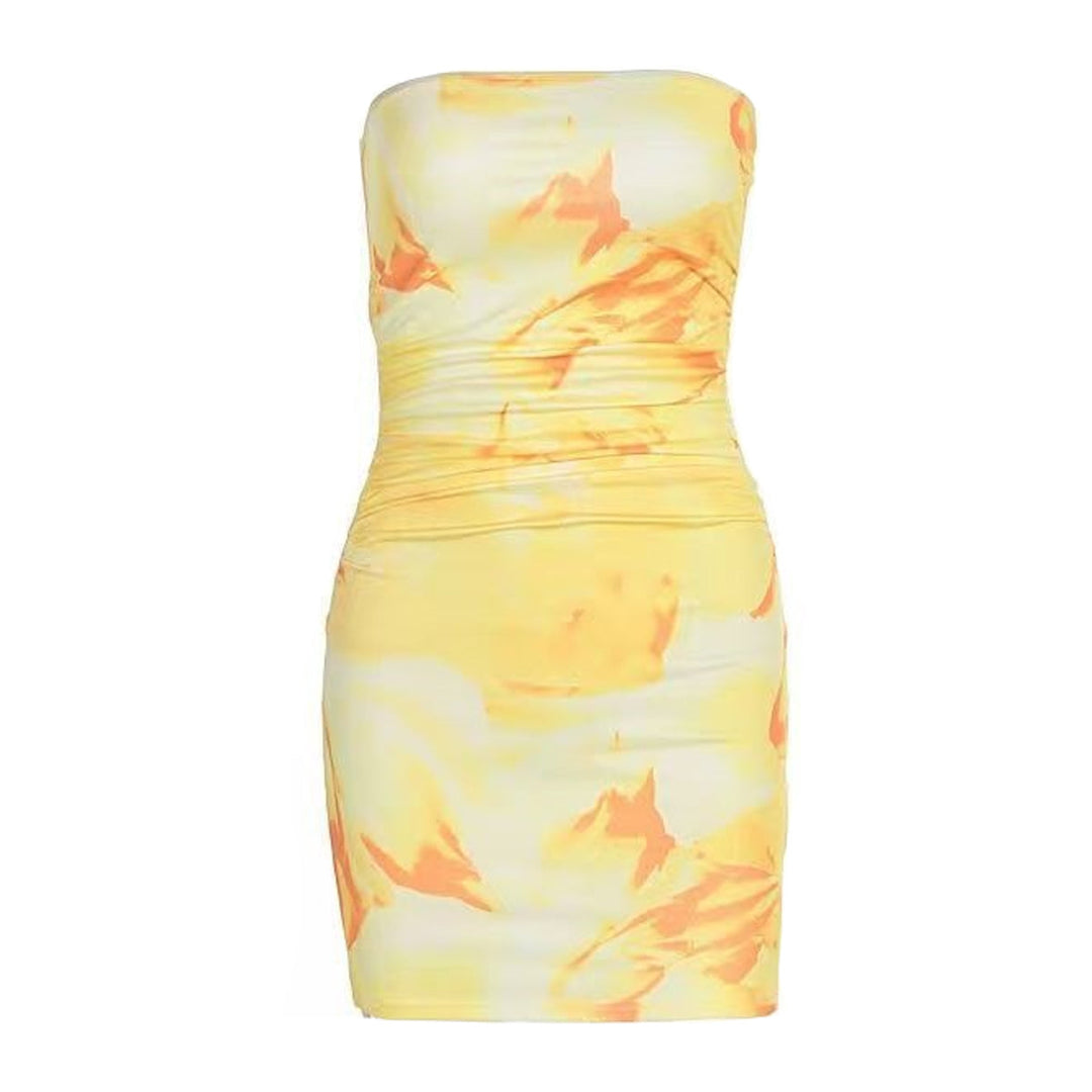 Ruched print contrast backless tube mini dress