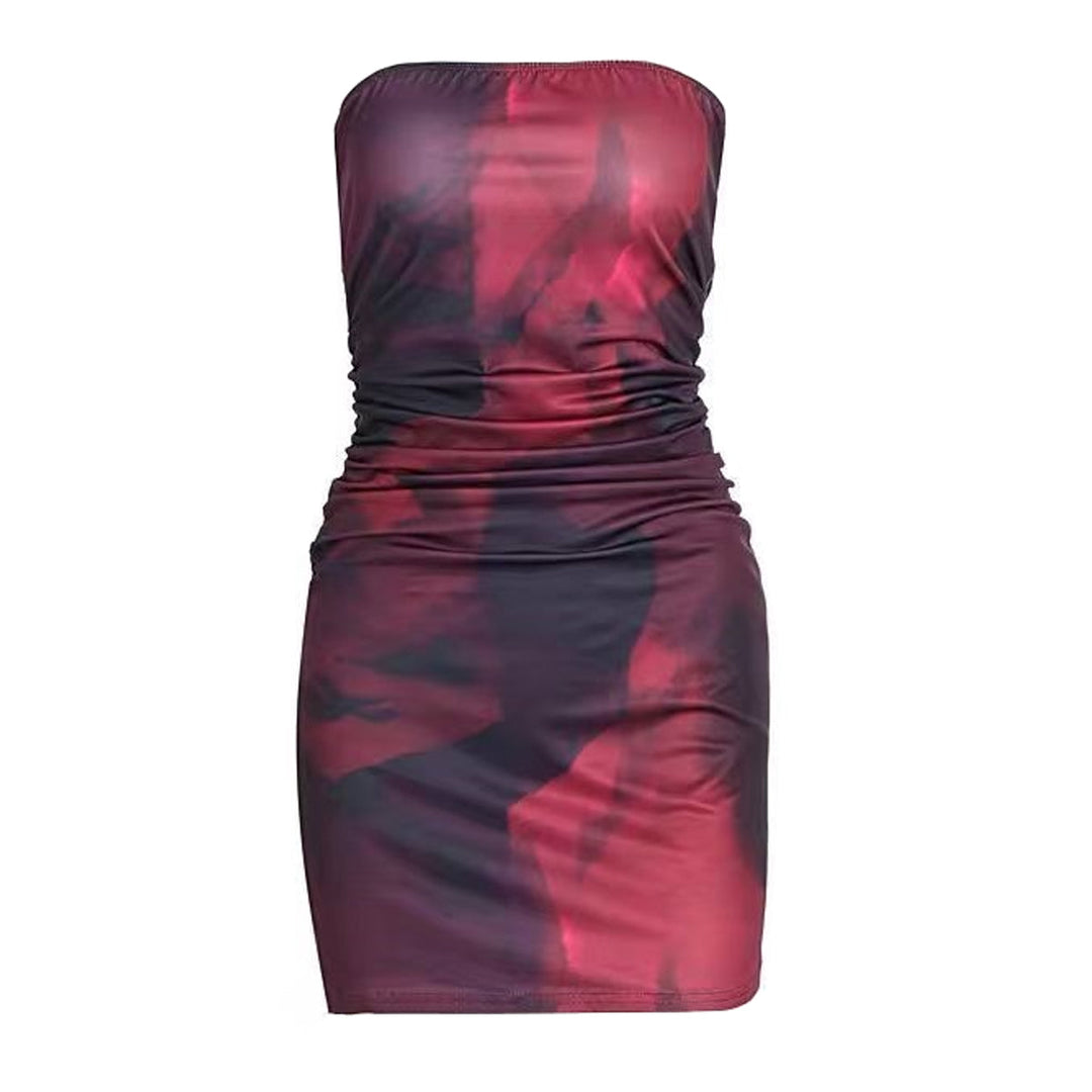 Ruched print contrast backless tube mini dress