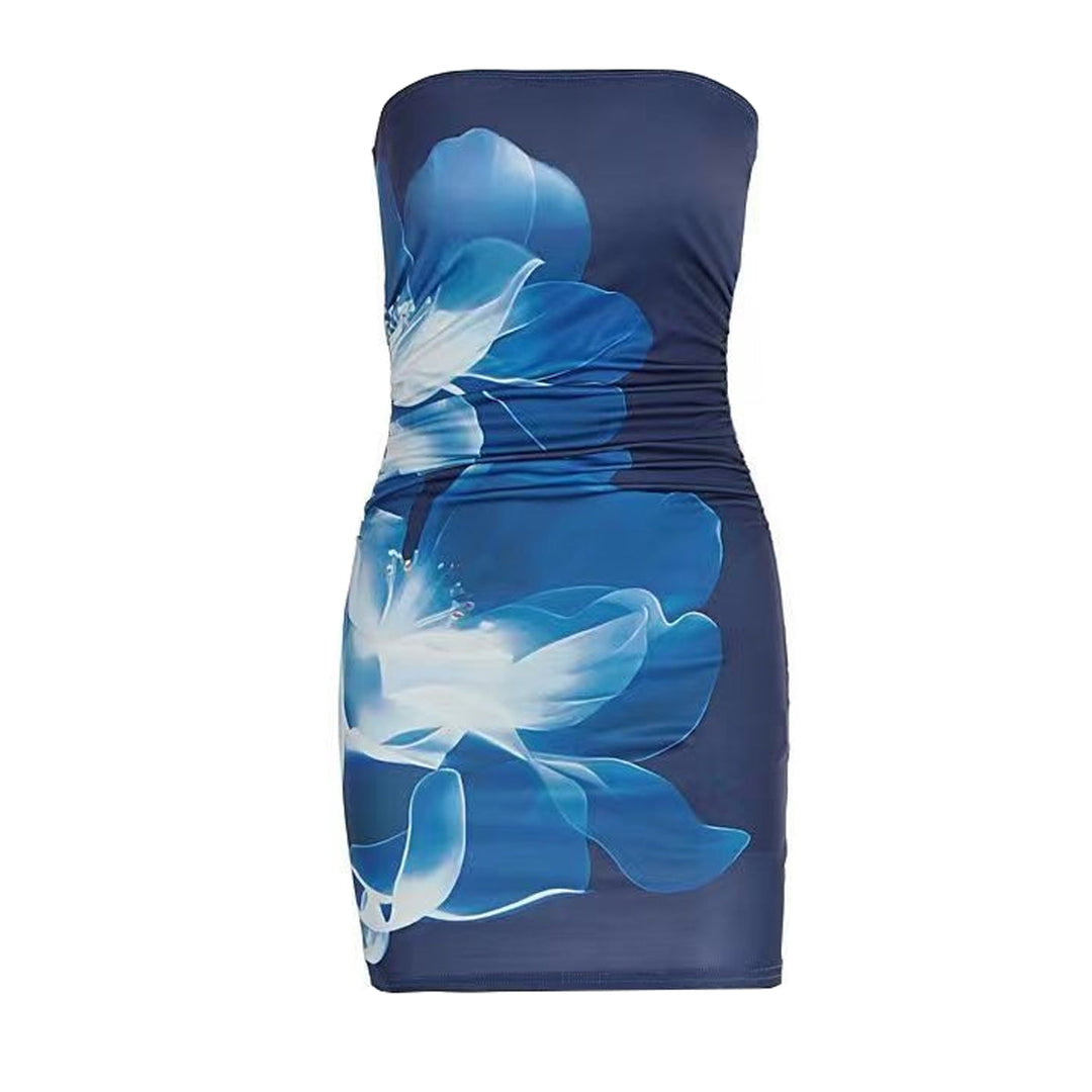 Ruched print contrast backless tube mini dress