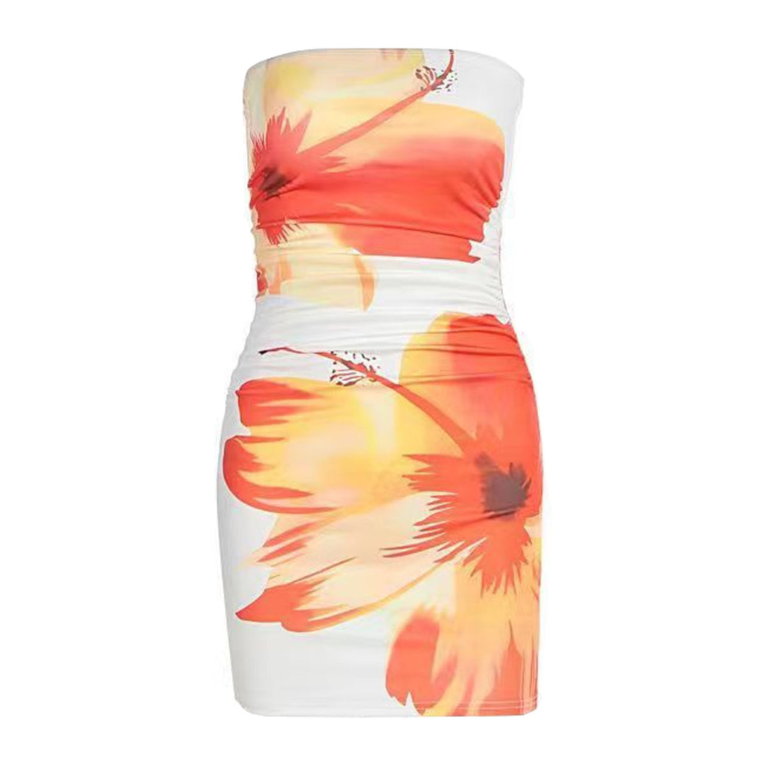 Ruched print contrast backless tube mini dress