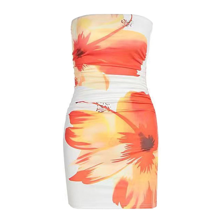 Ruched print contrast backless tube mini dress