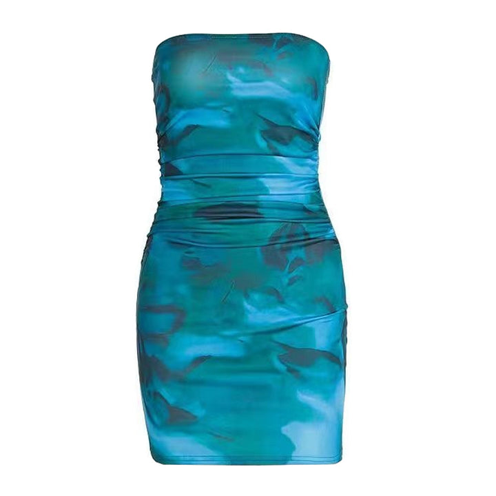 Ruched print contrast backless tube mini dress