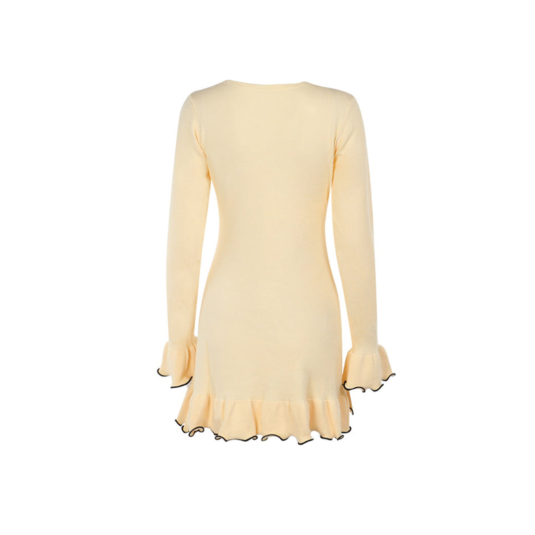 Long flared sleeve ruffle round neck mini dress