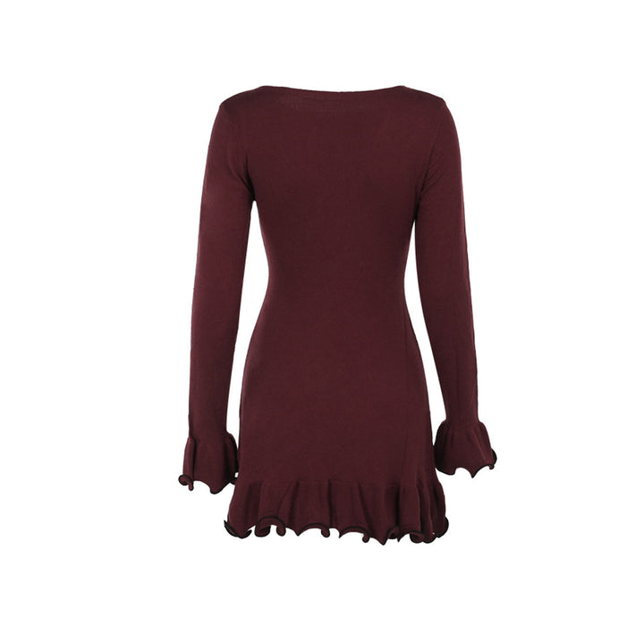 Long flared sleeve ruffle round neck mini dress