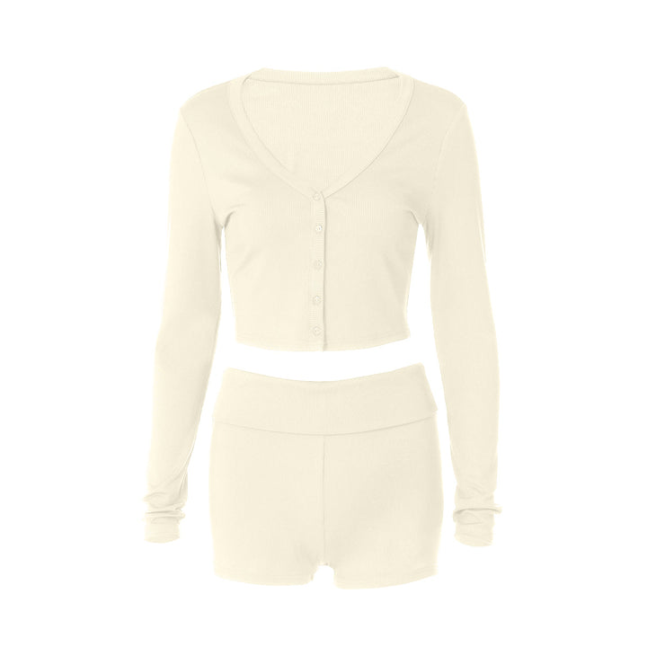 Ribbed long sleeve button v neck low rise pant set