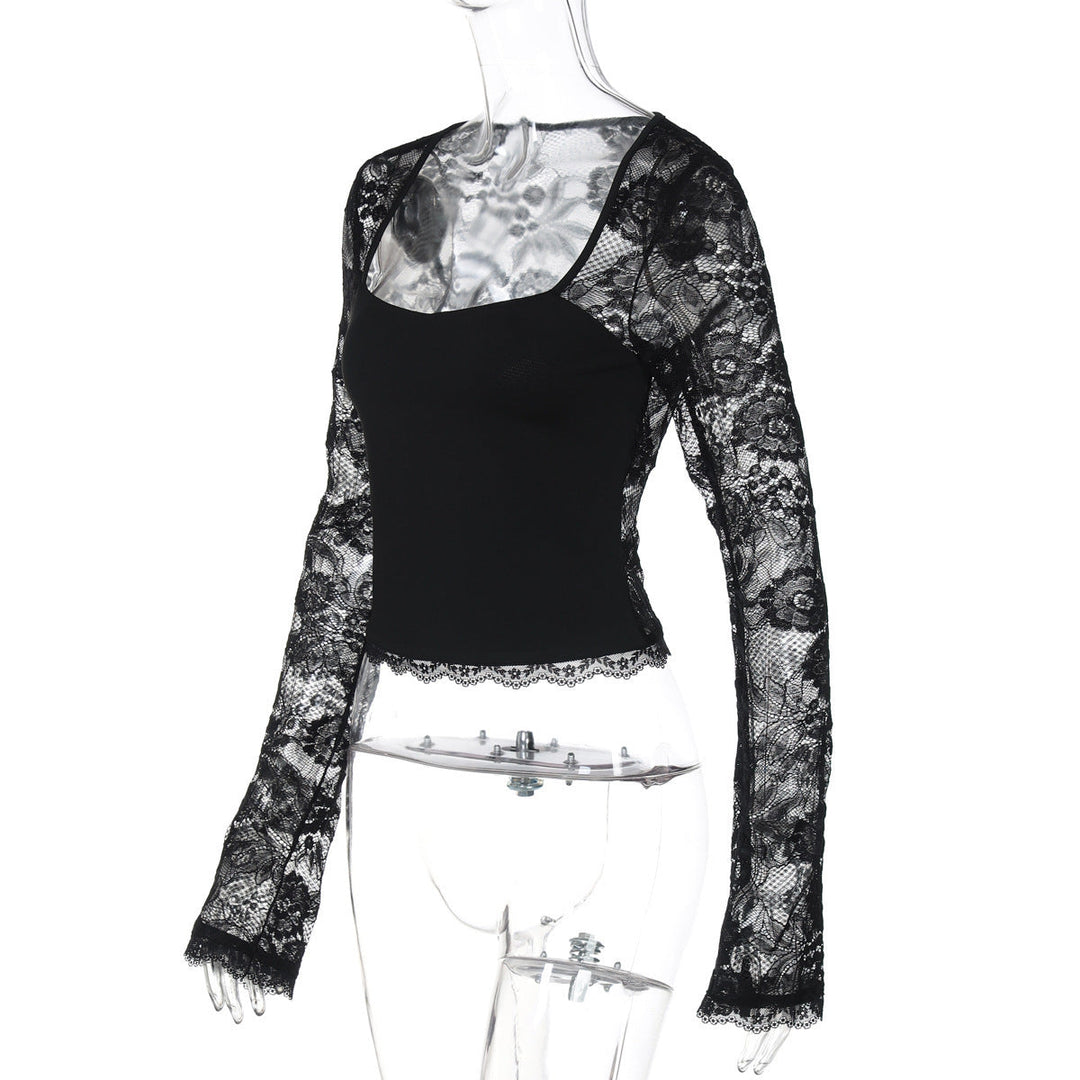 Lace hollow out long sleeve solid top