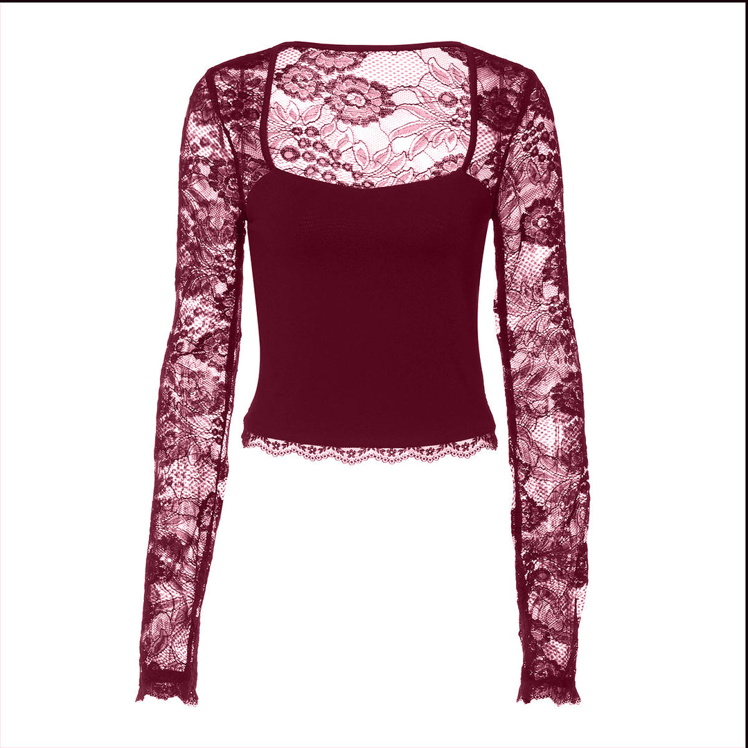 Lace hollow out long sleeve solid top