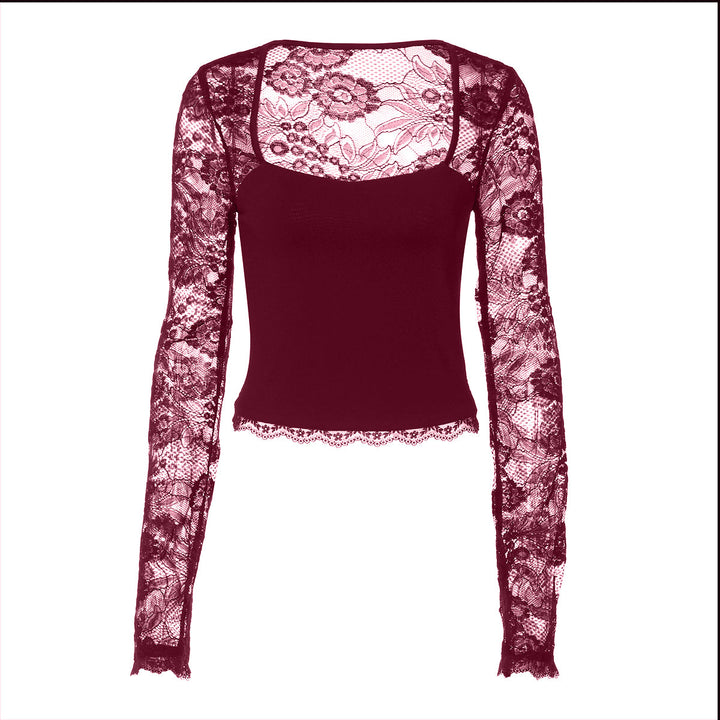 Lace hollow out long sleeve solid top