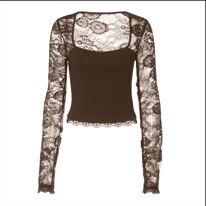 Lace hollow out long sleeve solid top