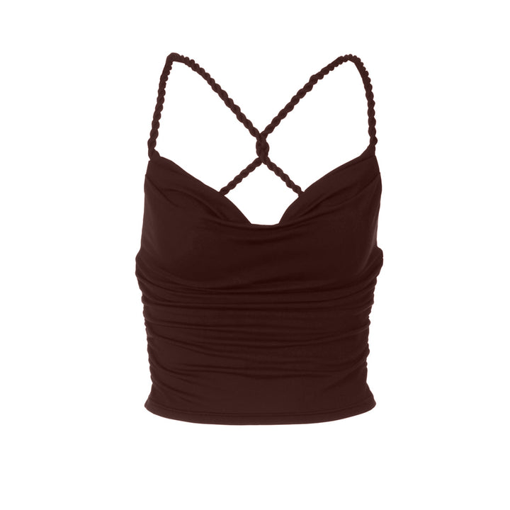 Cross back ruched cowl neck solid cami top