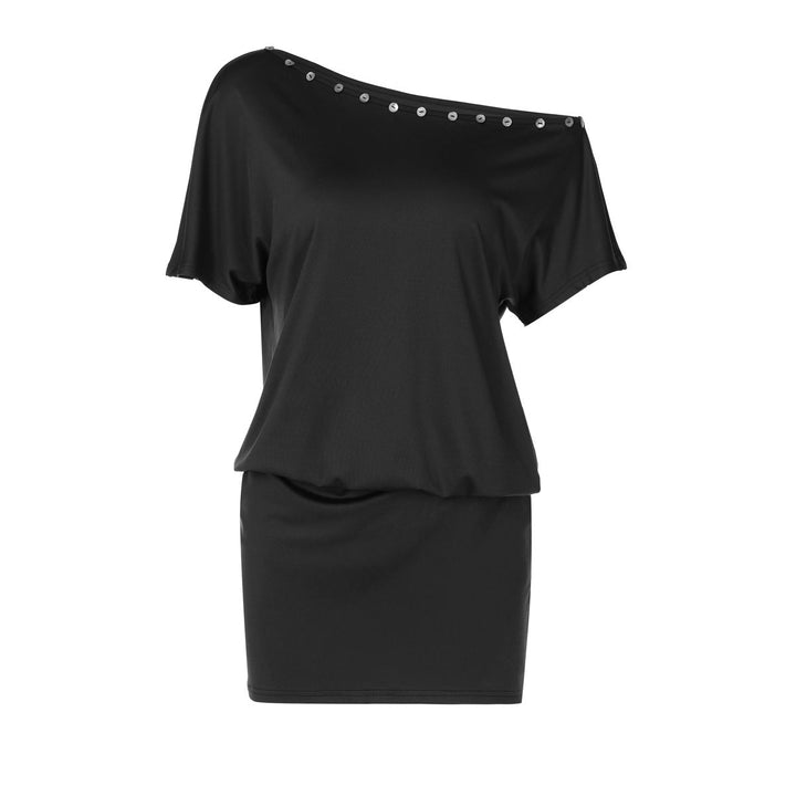 Short sleeve irregular button applique mini dress