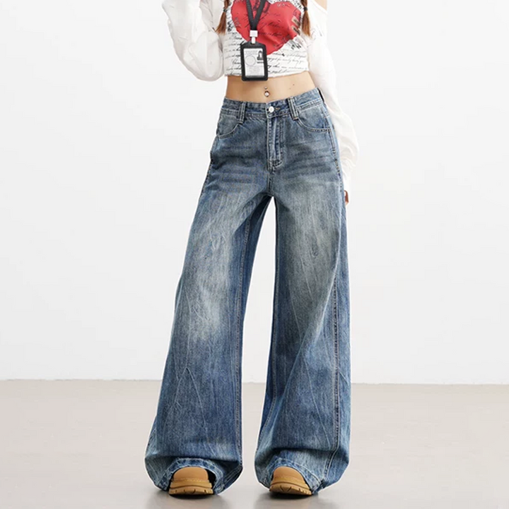 Lightning pattern button zip-up low rise straight leg | Baggy Low Rise Jeans