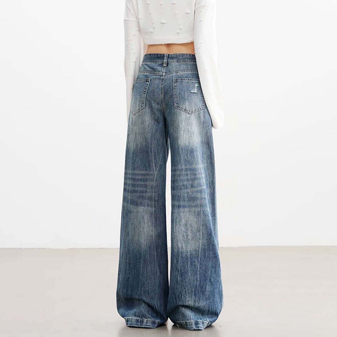 Lightning pattern button zip-up low rise straight leg | Baggy Low Rise Jeans