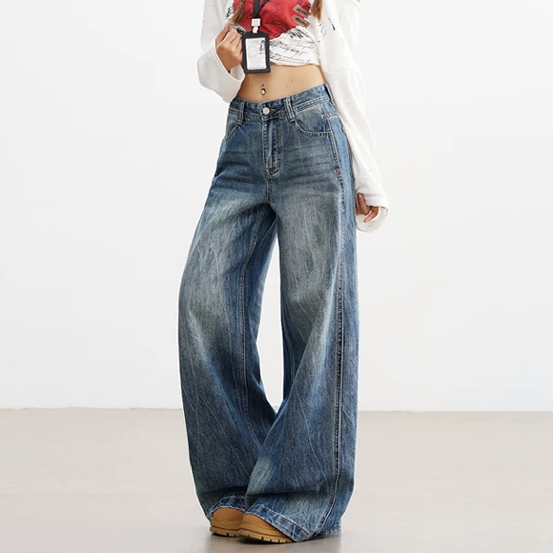 Lightning pattern button zip-up low rise straight leg | Baggy Low Rise Jeans