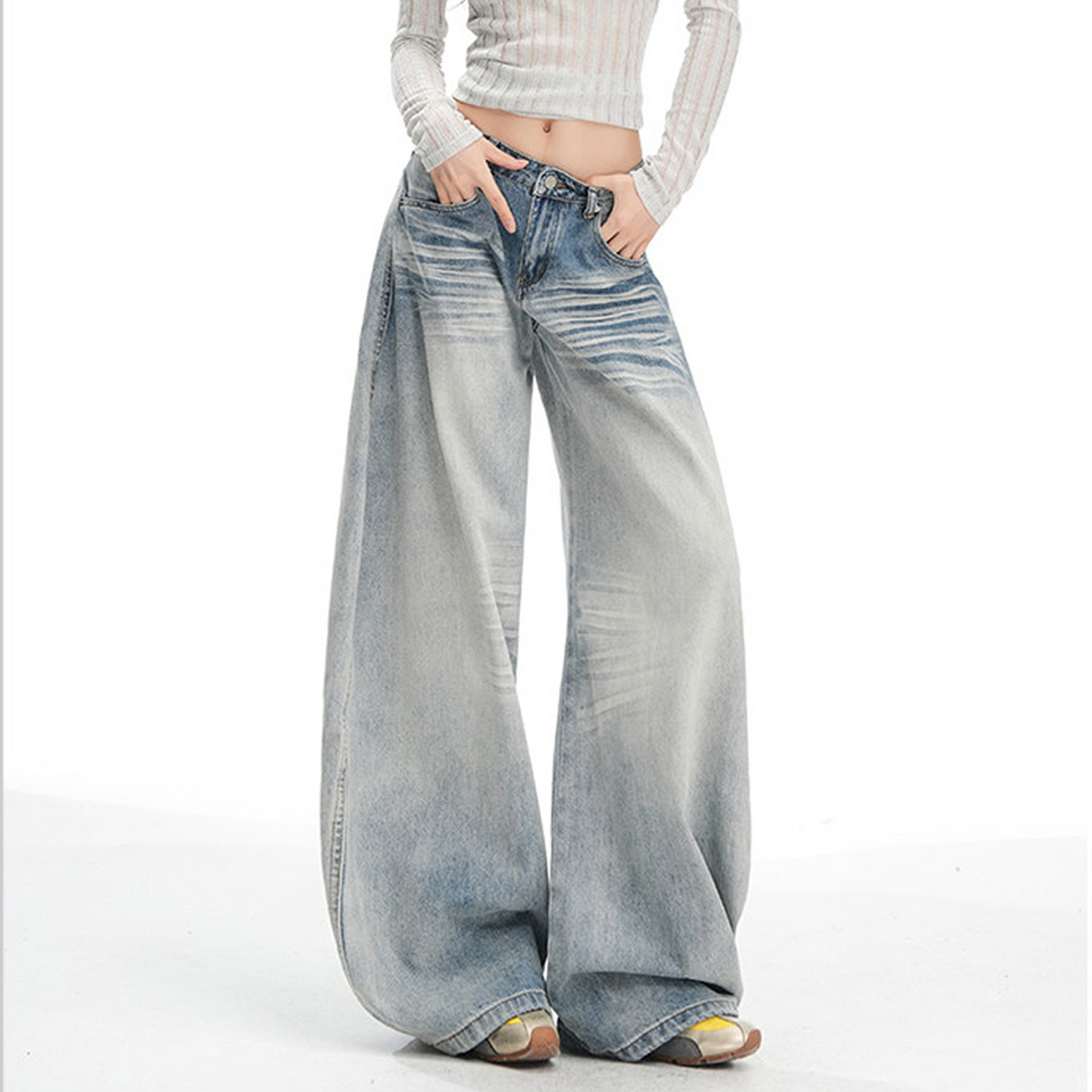 Stitch pocket button low rise wide leg | Baggy Low Rise Jeans