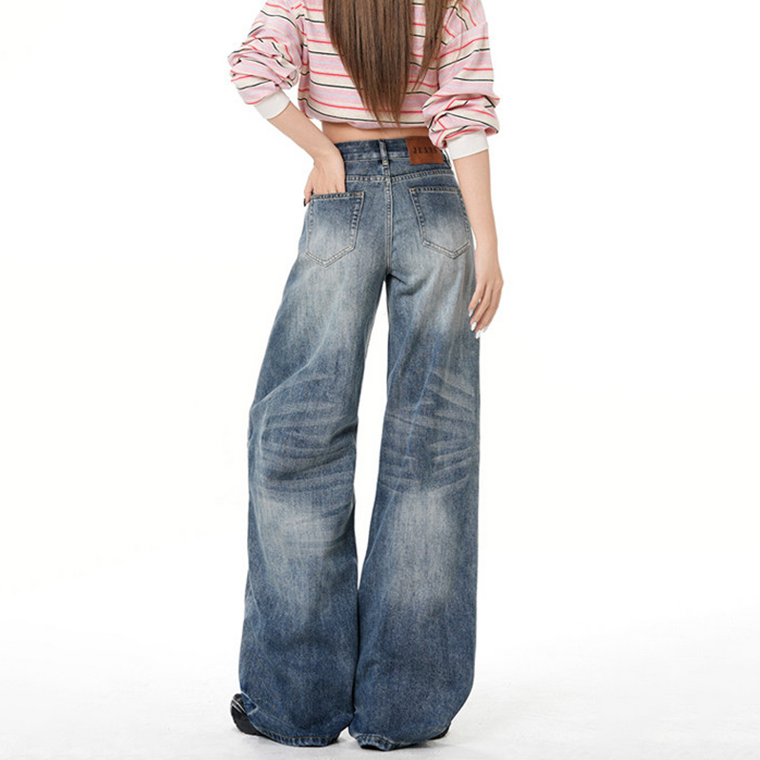 Contrast button zip-up straight leg | Baggy Low Rise Jeans